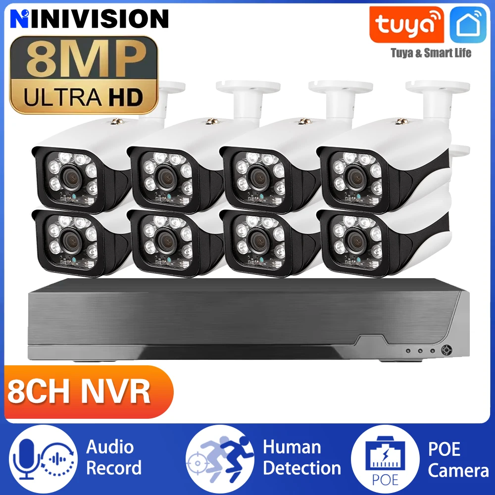 8MP TUYA طقم الأمن 4K 8CH POE NVR تسجيل الصوت في الهواء الطلق الأشعة تحت الحمراء للرؤية الليلية رصاصة IP كاميرا مراقبة الفيديو نظام الحياة الذكية #1