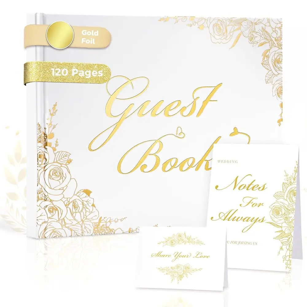 

Набор для гостевой книги на свадьбу – роскошный твердый переплет с золотой фольгой, 120 бескислотных чистых страниц, включает табличку для стола и приветственный лист.