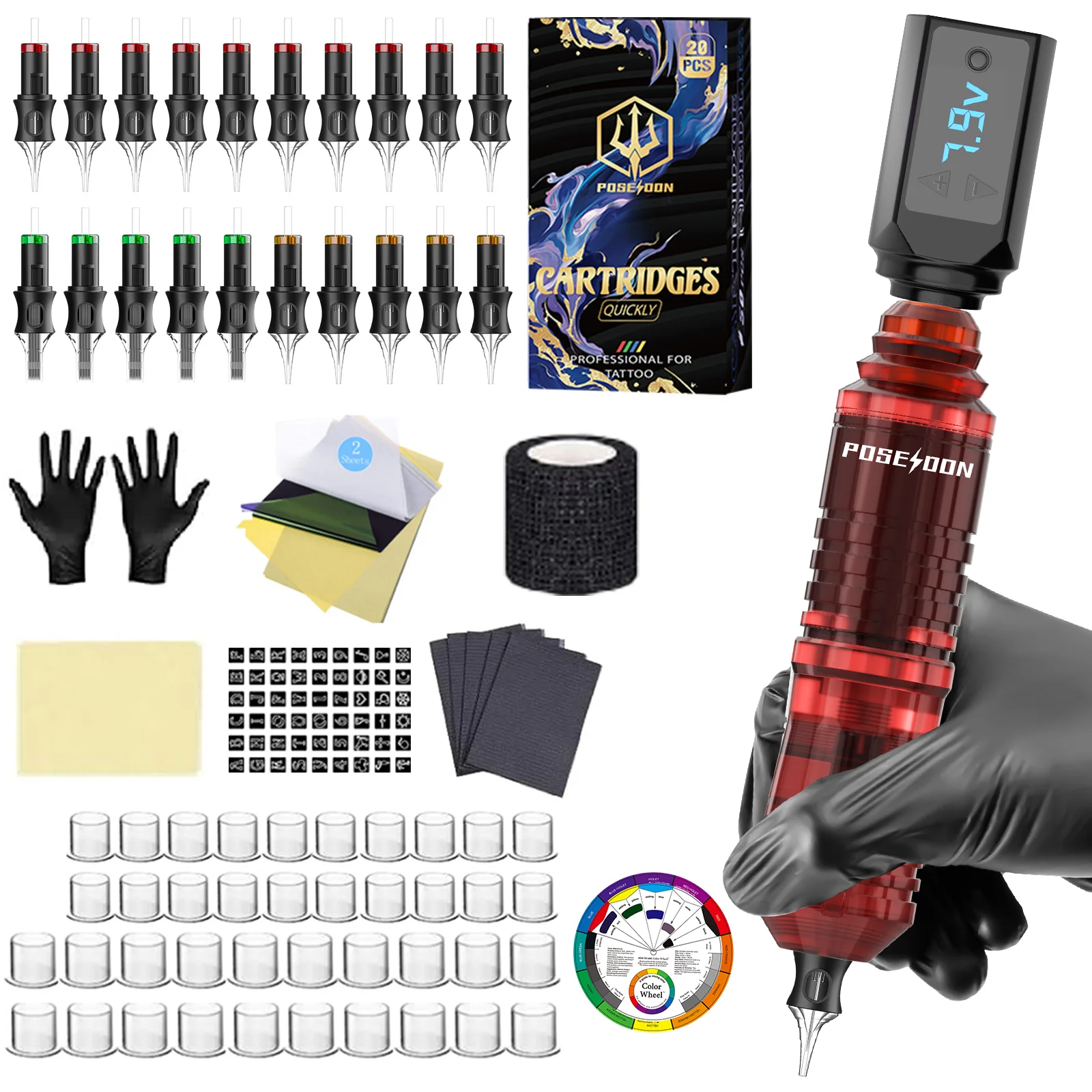 POSEIDON Tattoo Kit V5 Tattoo Pen Kit For Permanent Makeup Tattoo Machine Kit New Red Wireless Tattoo Power Supply Tattoo Gun Ki