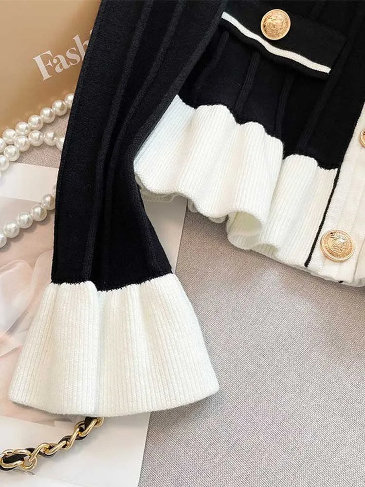 Korean Fashion Ruffles Vintage Knitted Sweater Coat O-neck Flare Sleeve Tunic Sweet Cardigan Y2k Casual Pull Femme Sweater Mujer