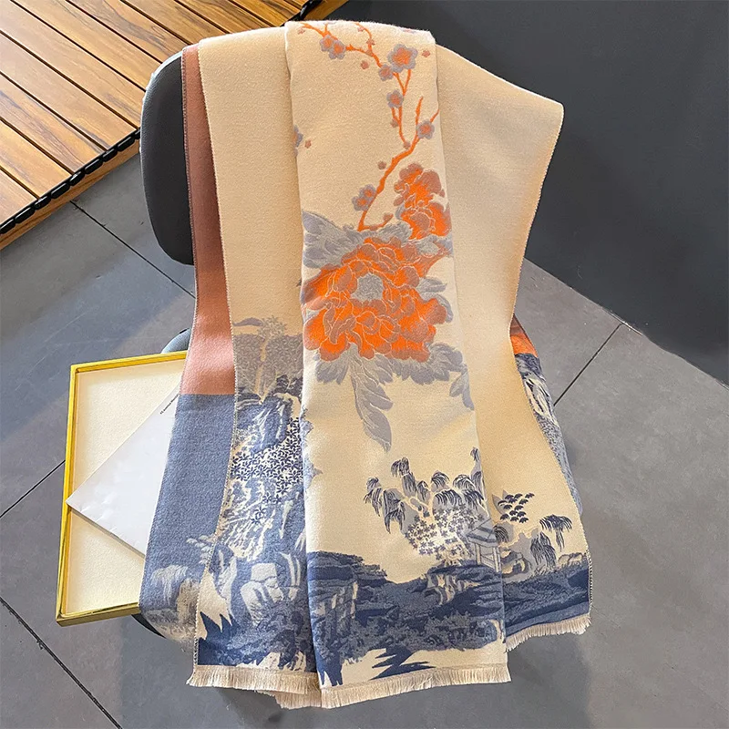 China Style Landscape Painting Good Imitate Cashmere Scarf Shawl Women Autumn Winter Warm Long Neckerchief Thick Muffler