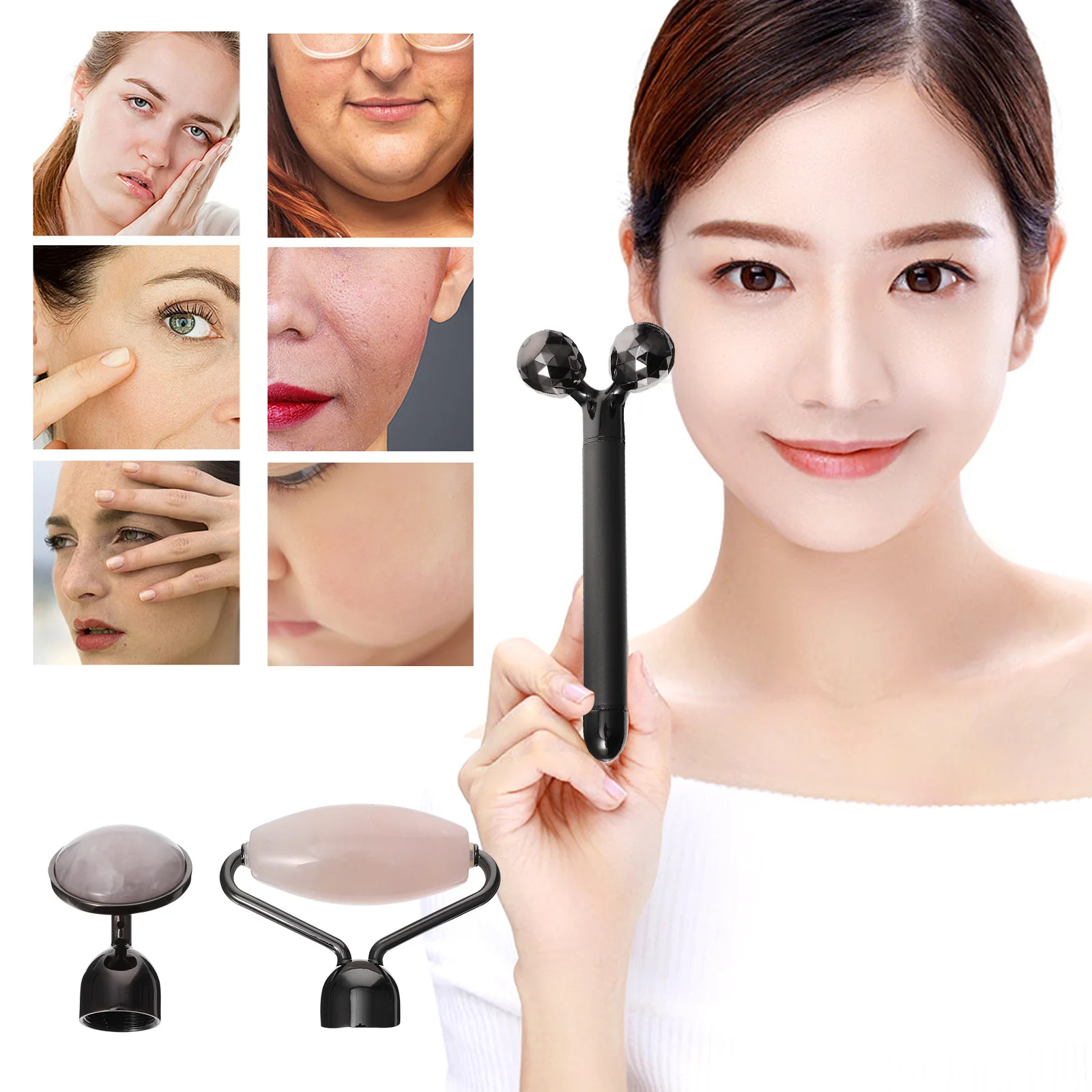 1セット 3-in-1 ジェイドクリスタルローラー アンチエイジング フェイシャルマッサージャー 小じわ、しわ、クマを軽減 女性へのギフト