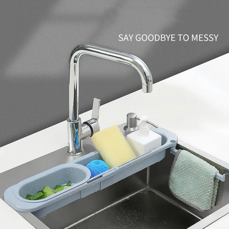 Kitchen Sink Storage Racks for Home, Scalable Sink Organizer, Sponge Soap Scrubber, Dish Cloth Hanger, In Stock