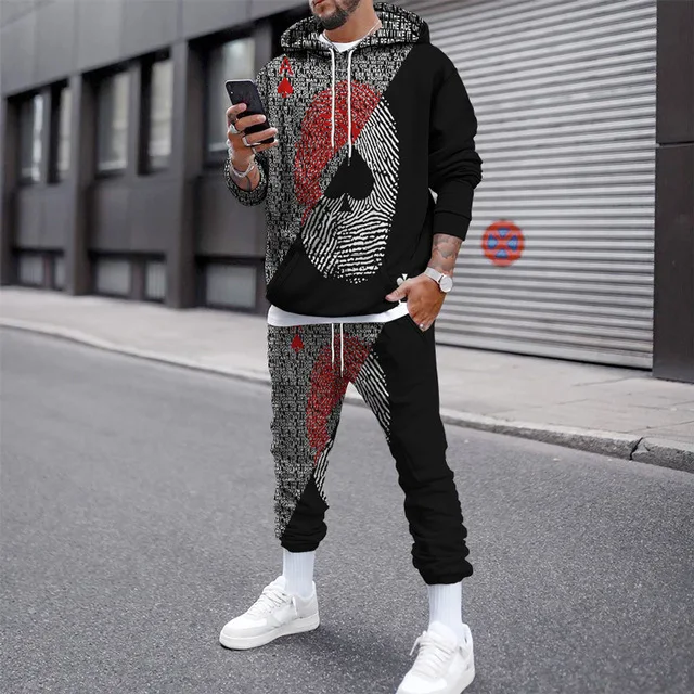 Funny Poker Pattern Men\'s 2-piece Outfits 3D Print Men Women Hooded Sweatshirt Set Street Plus Size Fashion Tracksuit Pants Sets