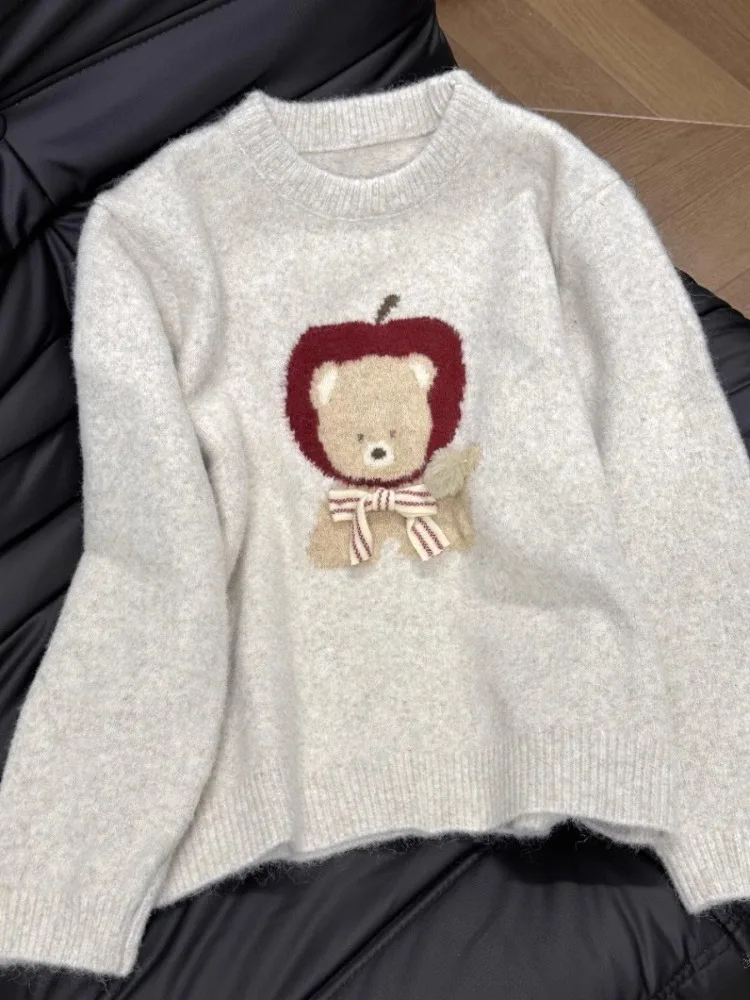 Cute Bear Sweater Women's Autumn Winter Soft Solid Color Waxy Pullover Knitted Top Commuter High-grade Sweater Sweet Loose