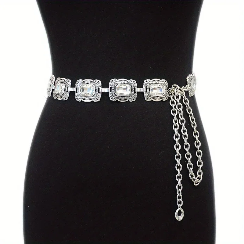 Boho Engraved Metal Chain Belt Rhinestone Inlaid Vintage Waist Chain Women\'s Coat Dress Tassel Chain Accessories