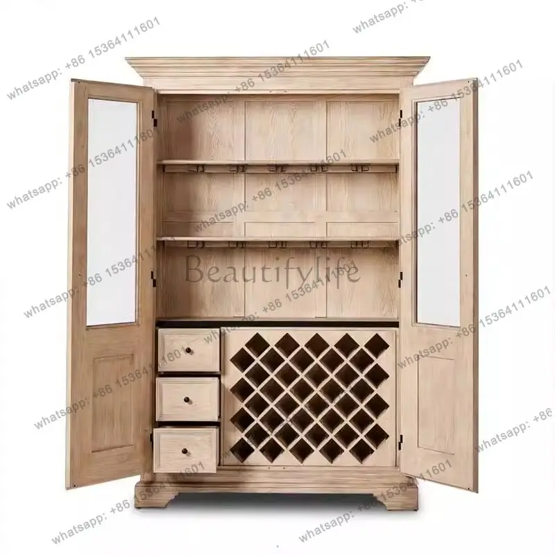 

American solid wood wine cabinet retro dining edge high-end double door red wine goblet upside down storage cabinet