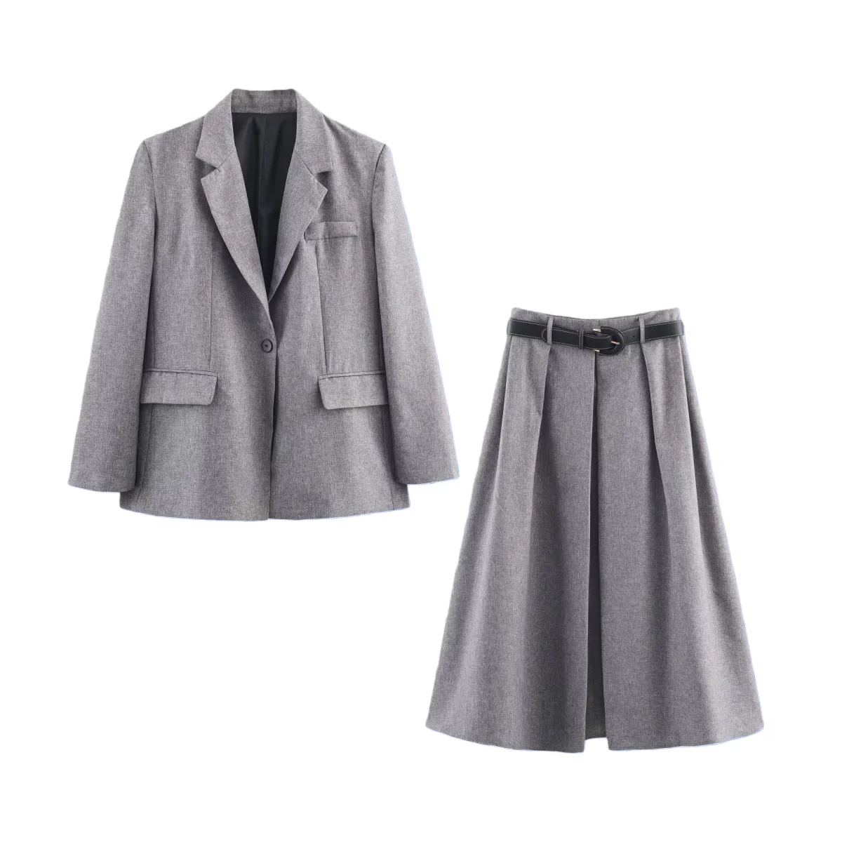 

2025 Winter New Women's Casual Commuter Collared Long-Sleeved Herringbone Blazer with Padded Shoulders + Belted Pleated Skirt