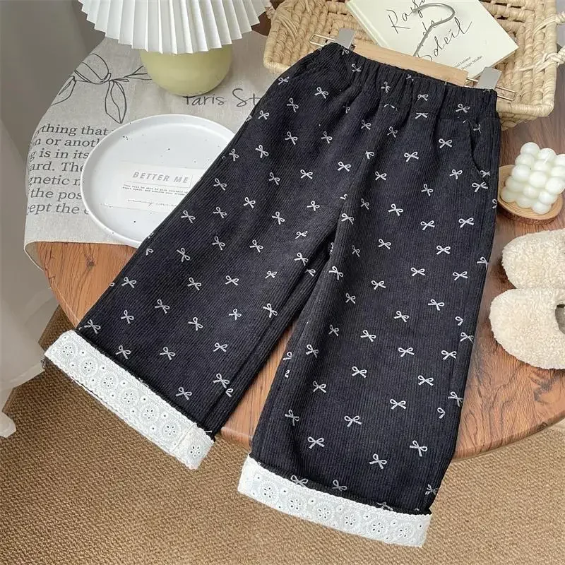 نساء شتاء جديد. الأطفال القوس طباعة قطعة واحدة المخملية الأطفال سروال قصير مستقيم الطفل الصوف مبطن بالإضافة إلى السراويل السميكة