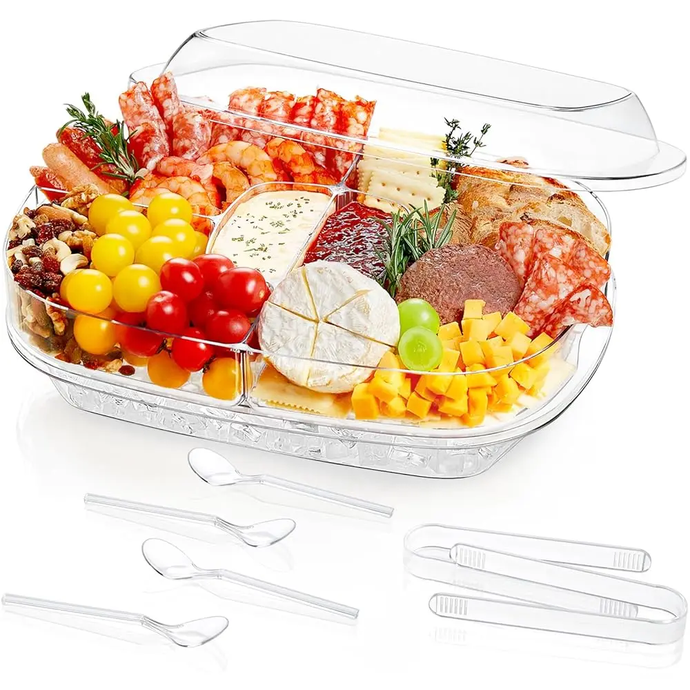 

Chilled Serving Tray With Lid, 15"" Shrimp Cocktail Platter With With 2 Sauce & 4 Food Compartments, Divided Serving Bowl For
