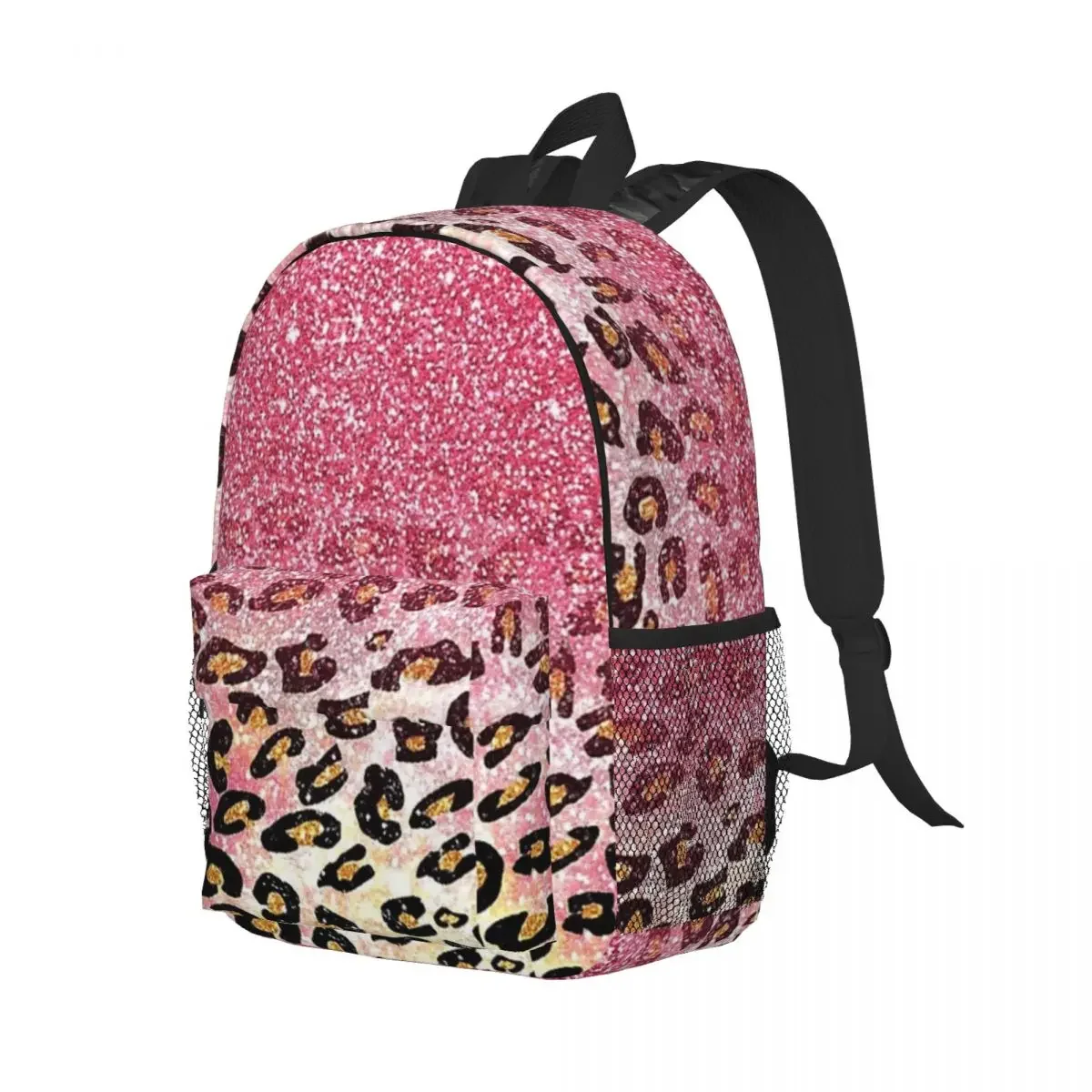 Bubble Gum Pink Faux Glitter Leopard Animal Print Backpacks Teenager Bookbag School Bags Travel Rucksack Shoulder Bag