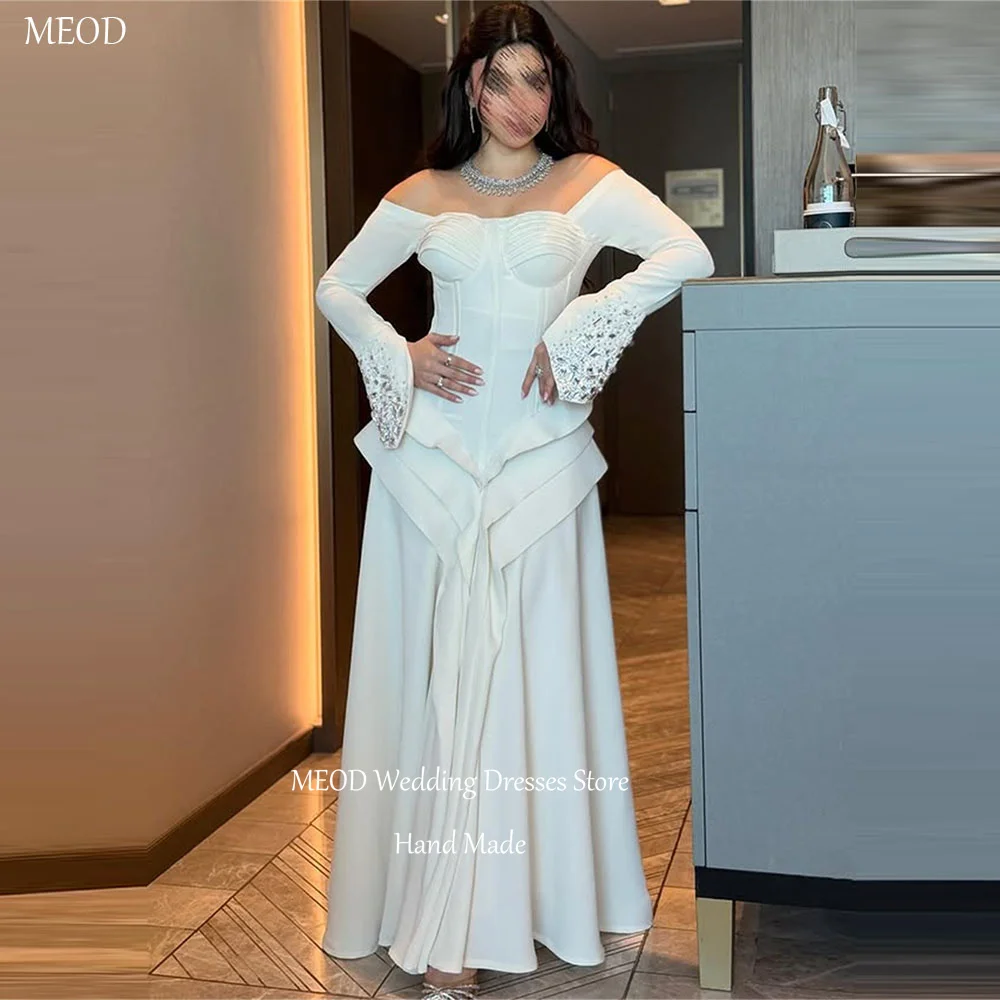 

MEOD Satin Formal Wedding Dresses Bride Off The Shoulder A Line Elegant Vestido Crystal Long Sleeve Floor Length Gown Customized