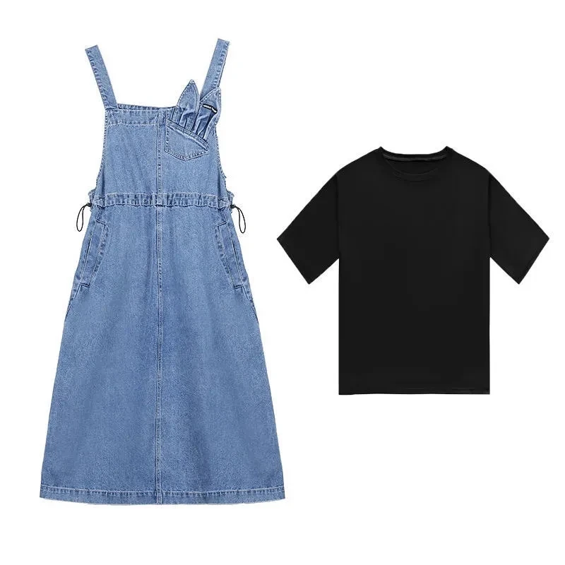 Cowboy Strap Dress Sets Women\'s Mid-Long Sleeveless Jeans Dress 2025 Summer New Korean Style Denim Suspenders Dress Suit 2PCS