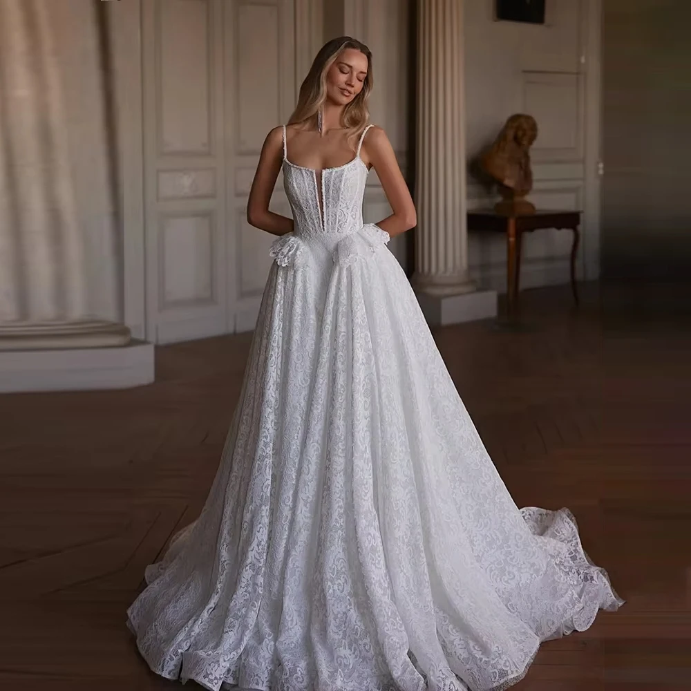 

Sweetheart Collar Women Wedding Dresses Customized Elegant Lace Flower Print Tulle Sleeveless Bridal Gowns Embellishments Robes