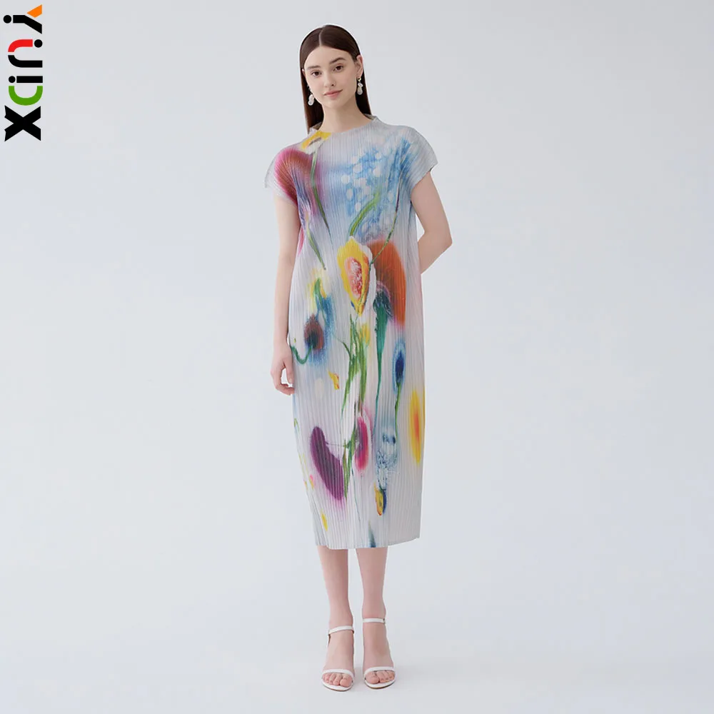 

Miyake Print Women's Dress Temperament Floral Half-high Neck Sleeveless Long Dress Pleated Slim A-line Dress 2024 Summer New