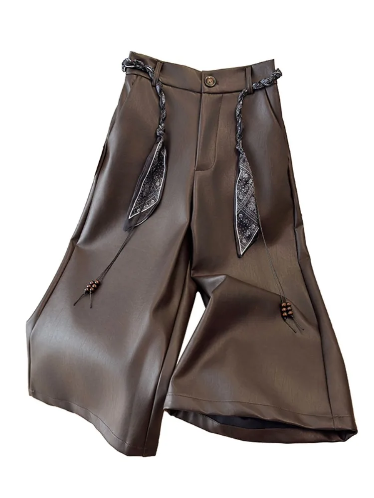 Calças Largas de Couro PU Marrom Retro Americana para Mulheres, Roupas Externas Soltas, Calças Bootcut Retas para Outono e Inverno