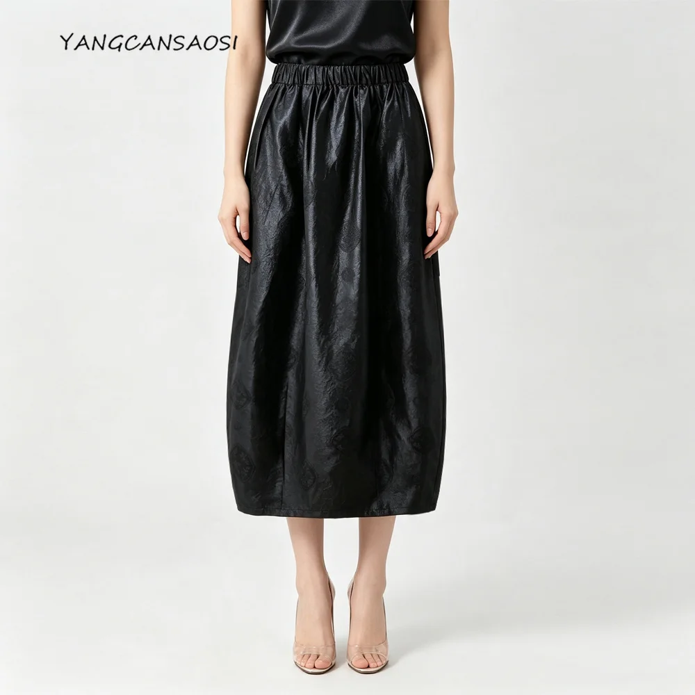 Women's Fashion Clothing 100% Natural Mulberry Silk Jacquard Fragrant Cloud Yarn Elastic Waist Split Black Cocoon Shaped Skirt