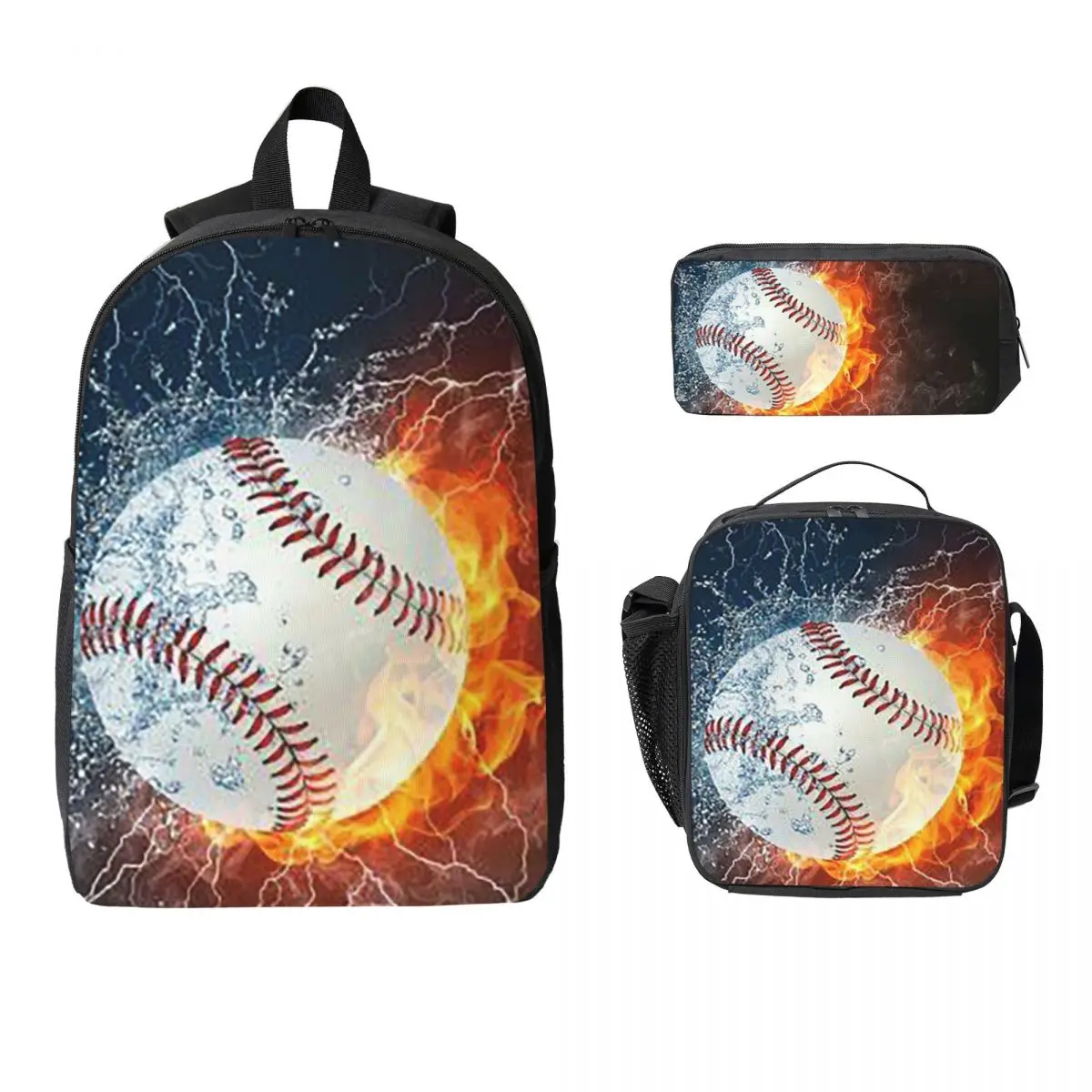 Baseball In The Fire And Water Backpack Boys Girls BookBag School Bag Laptop Shoulder Bags 3ps Insulated Lunch Bag Pencil Case