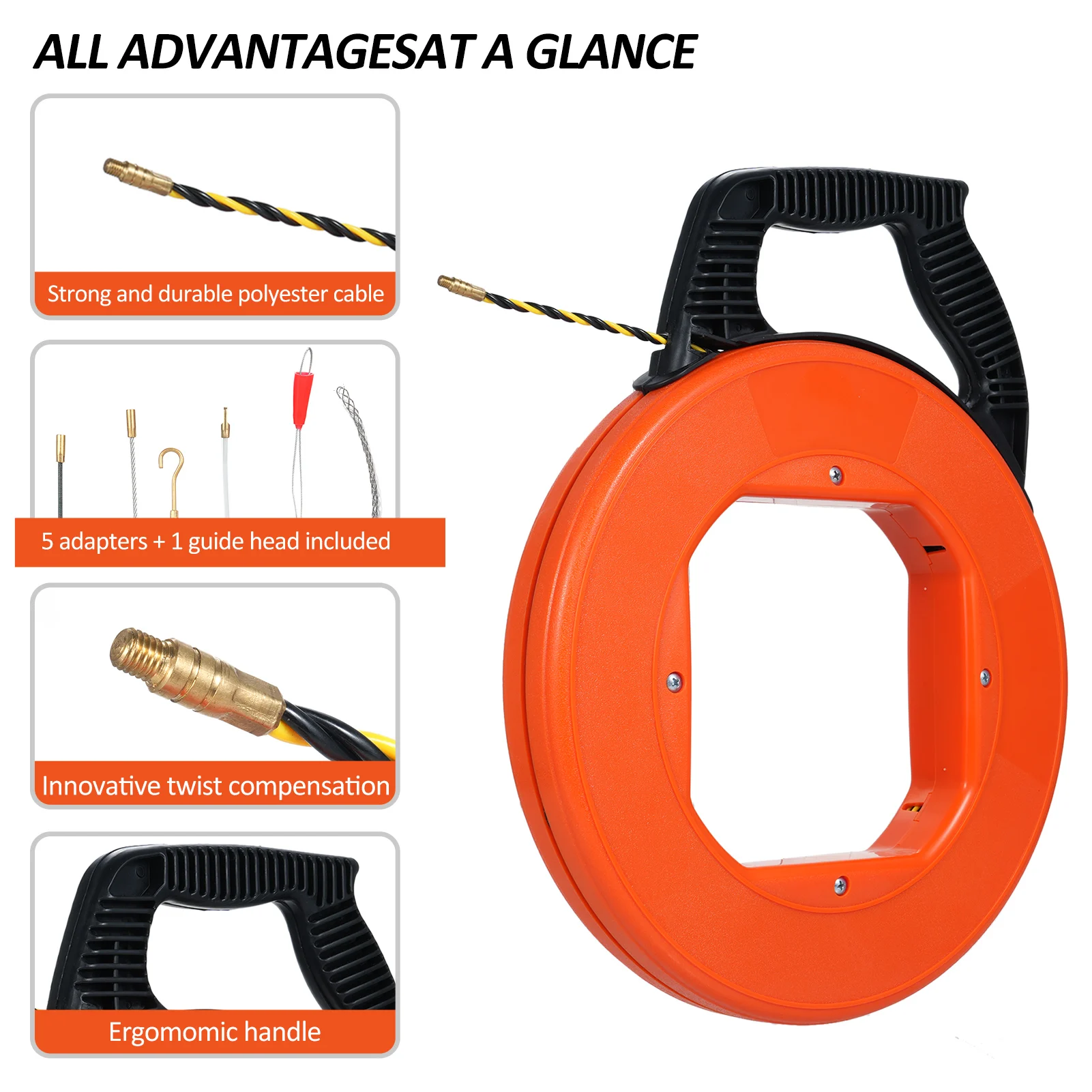 Extrator de fio elétrico 100ft poliéster fita de peixe elétrica extrator de fio de fita de peixe com caso de alto impacto cabo retrátil ajuda