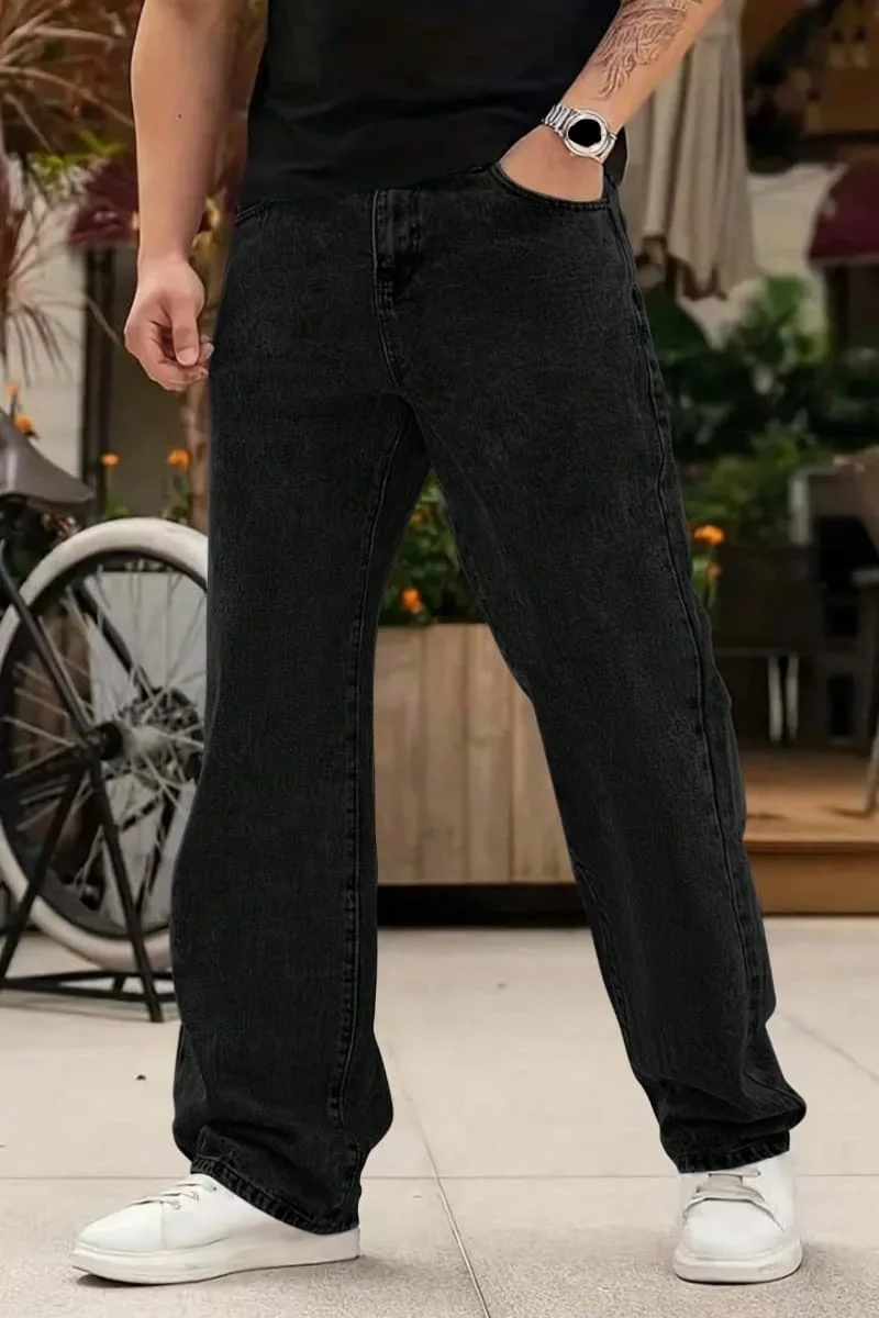 

​ Мужские прямые джинсы Streetwear из черного джинсового ткани с пятью карманами и усиленной строчкой средней посадки ​