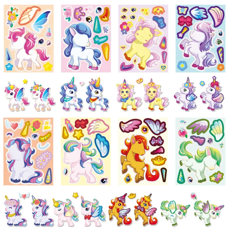 8Style/Bag Original Unicorn Face Changing Suit Stickers Cartoon Cute Children Baby Early Childhood Education Puzzle Stickers