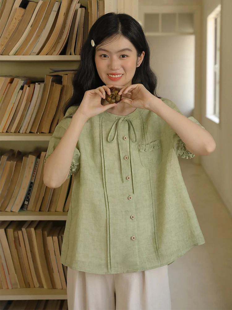 

Nesoulum een ort Sve Women's irt Vintage Artistic Linen Silk Loose Fit round Ne Button up Summer Top