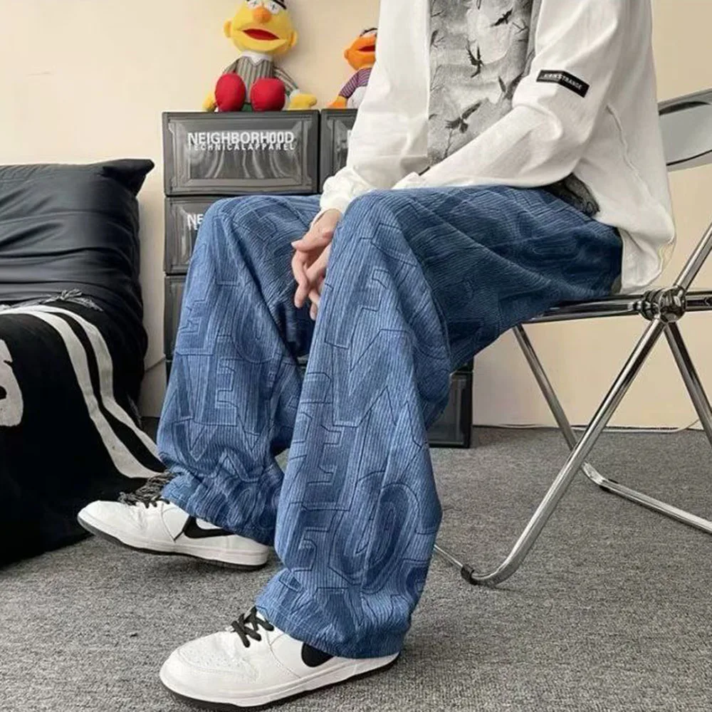 Japanese Harajuku Falling Corduroy Pants Mens Trendy Straight Casual Pants 2024 Summer New Versatile High Street Wide-Leg Pants