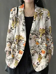 ZANZEA Women Cotton Blazer Vintage Lapel Neck Long Sleeve Thin Coats Autumn Elegant Work Suit Retro Floral Printed Loose Outwear