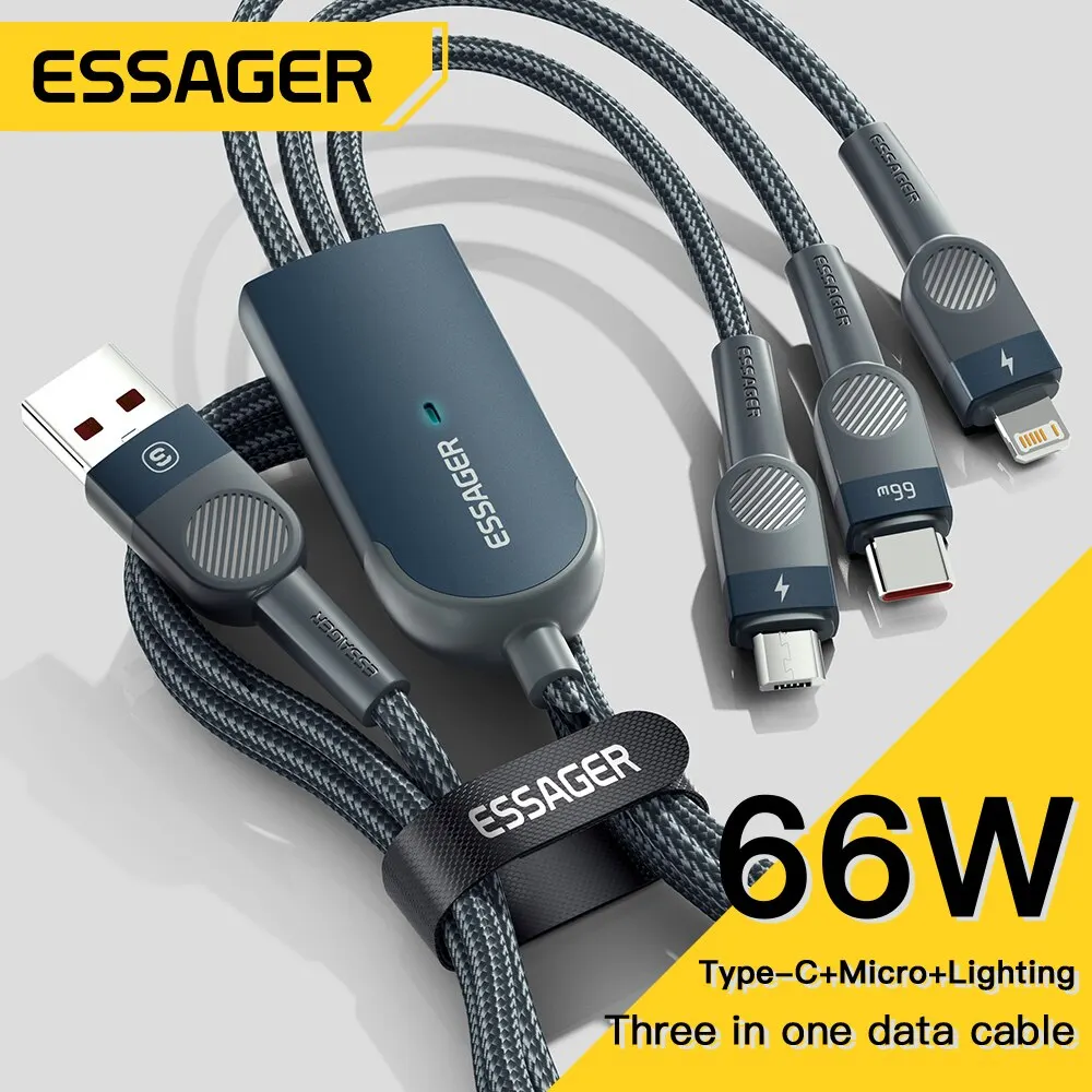 Essager 6A 66W 3 in 1 USB C Cable For iPhone 14 13 Charger Micro USB Type C Fast Charge For Samsung Xiaomi Huawei POCO Data Cord