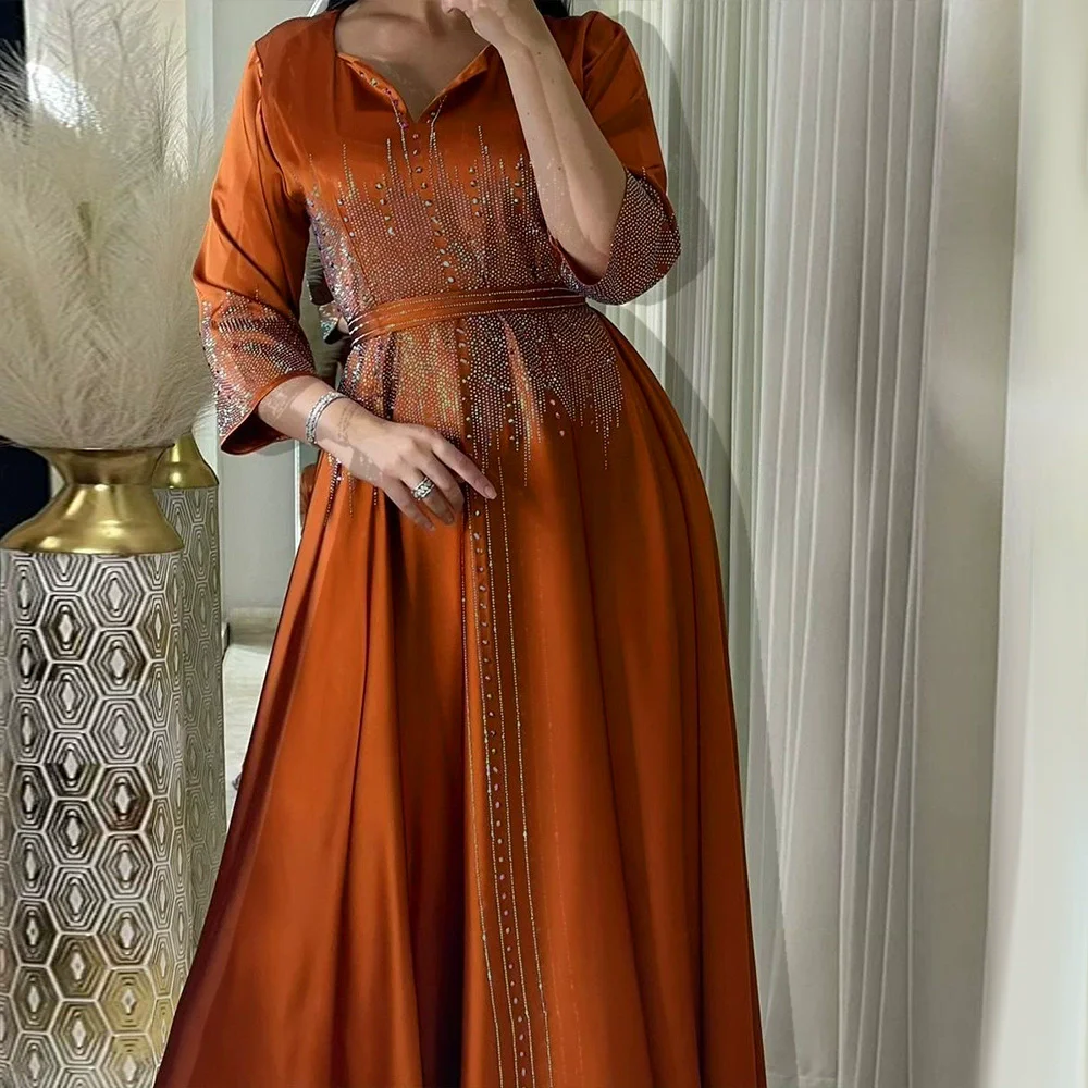 

Muslim Satin Dress for Women Fashion Diamond Evening Dress Abaya Dubai Dinner Robe Muslim Dress Women Clothes for Muslim Women