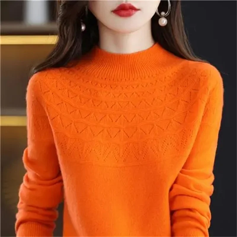 Women\'s New Cashmere Sweater Autumn Winter 100% Pure Wool Bottoming Shirts Knitted Pullover Hollowed-out Knitwear Soft Jumpers