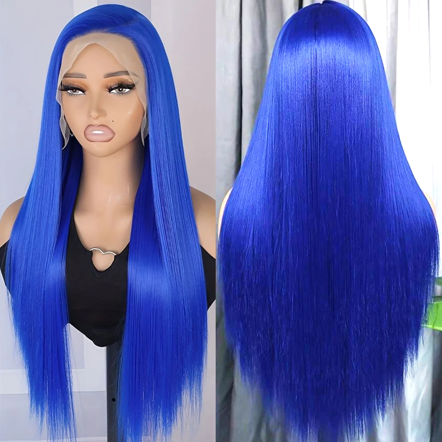 Parrucca anteriore in pizzo blu dritto serico 13 × 4 Parrucche colorate per capelli umani per le donne Parrucche blu con linea sottile naturale per parrucca per uso quotidiano per feste