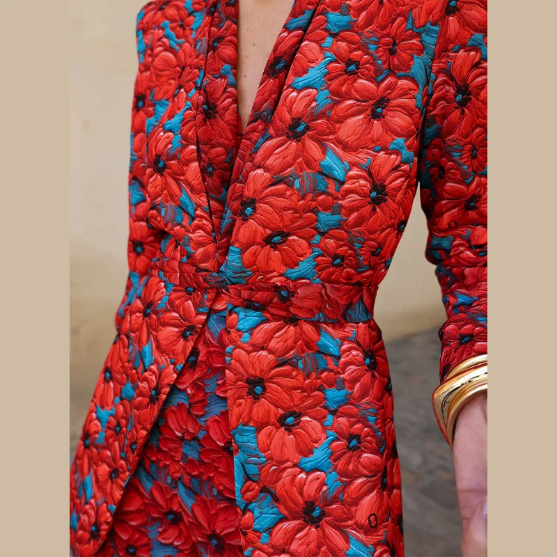 Modisches Damen-Blazer-Set mit Print, 2026, Langarm, Gürtel, V-Ausschnitt, Tailliert, Schlanke Damenjacke, Weite Hose, 2-teiliges Set – Detail 21