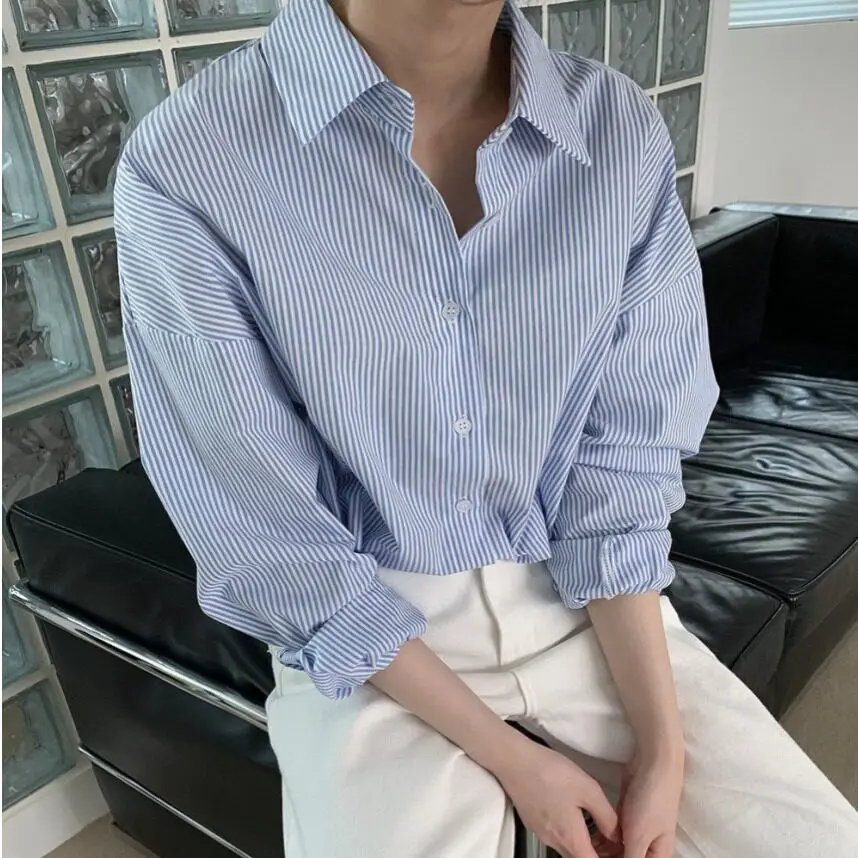 

Весна 2026: Женская свободная рубашка в полоску, универсальная, в французском стиле, с длинным рукавом, из смесового хлопка и полиэстера, повседневная, средней длины, на пуговицах