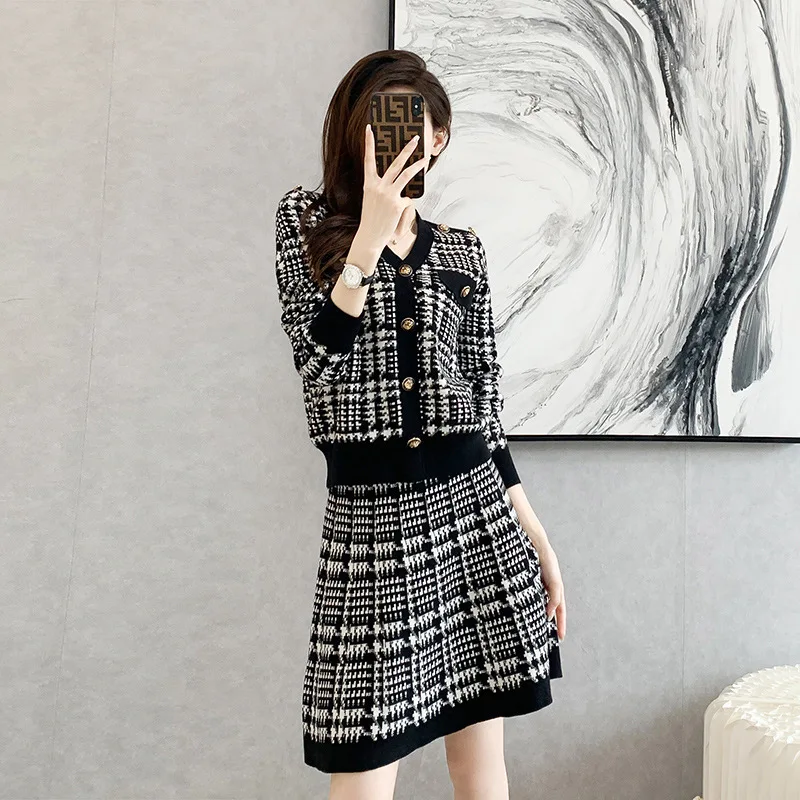 #0941 Black Knitted Two Piece Skirt Set Women Single Breasted Cardigan Coat V-neck Buttons Retro Office Top And Skirt Set Autumn