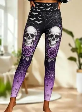 Women Mid‑Rise Fleece Lined Leggings, Halloween Purple Black Gradient Skull Rose Star Print Slim Stretch Pants