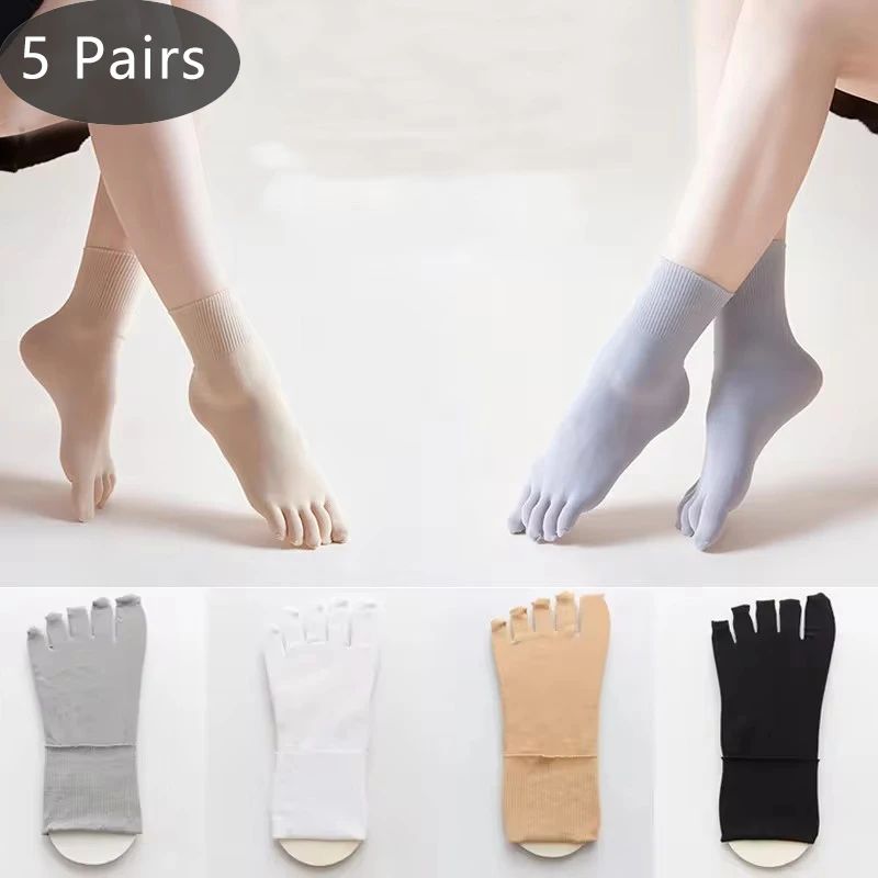 5 Pairs Women Toe Silk Socks Nylon Solid Thin Japanese Style Soft Elastic Endurable Sweat-Absorbing Breathable 5 Finger Socks