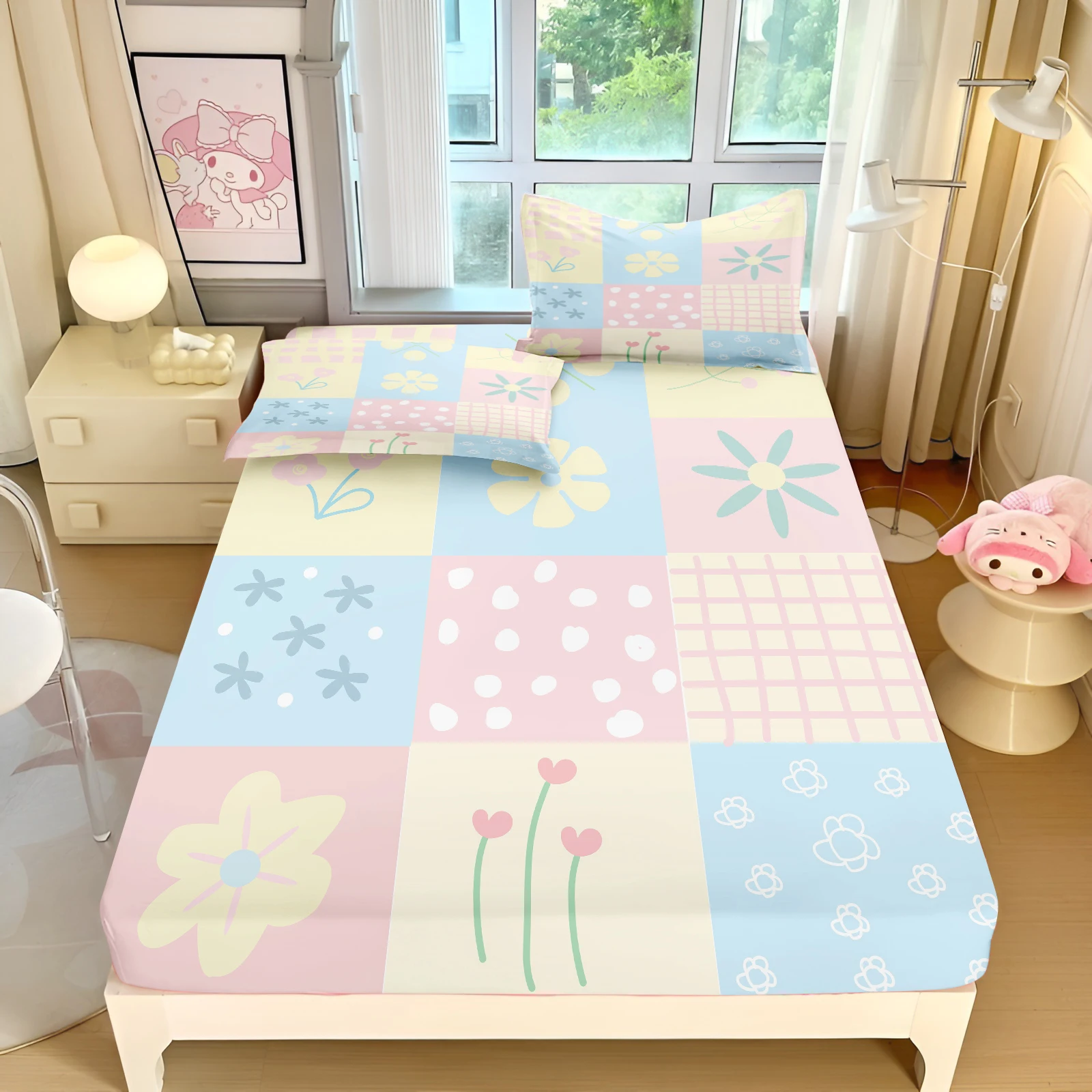 

Small florals 100% Polyester 2/3pcs Bedding Set Home Fitted Sheet Printed Anime Decor Suitable For Children And Adults