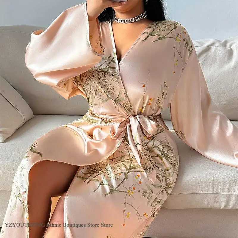 

Oversize Women Long Robe Loungewear Print Flower Kimono Bathrob Gown Summer Silk Satin Sleepwear Nightgown Loose Home Dress 5XL