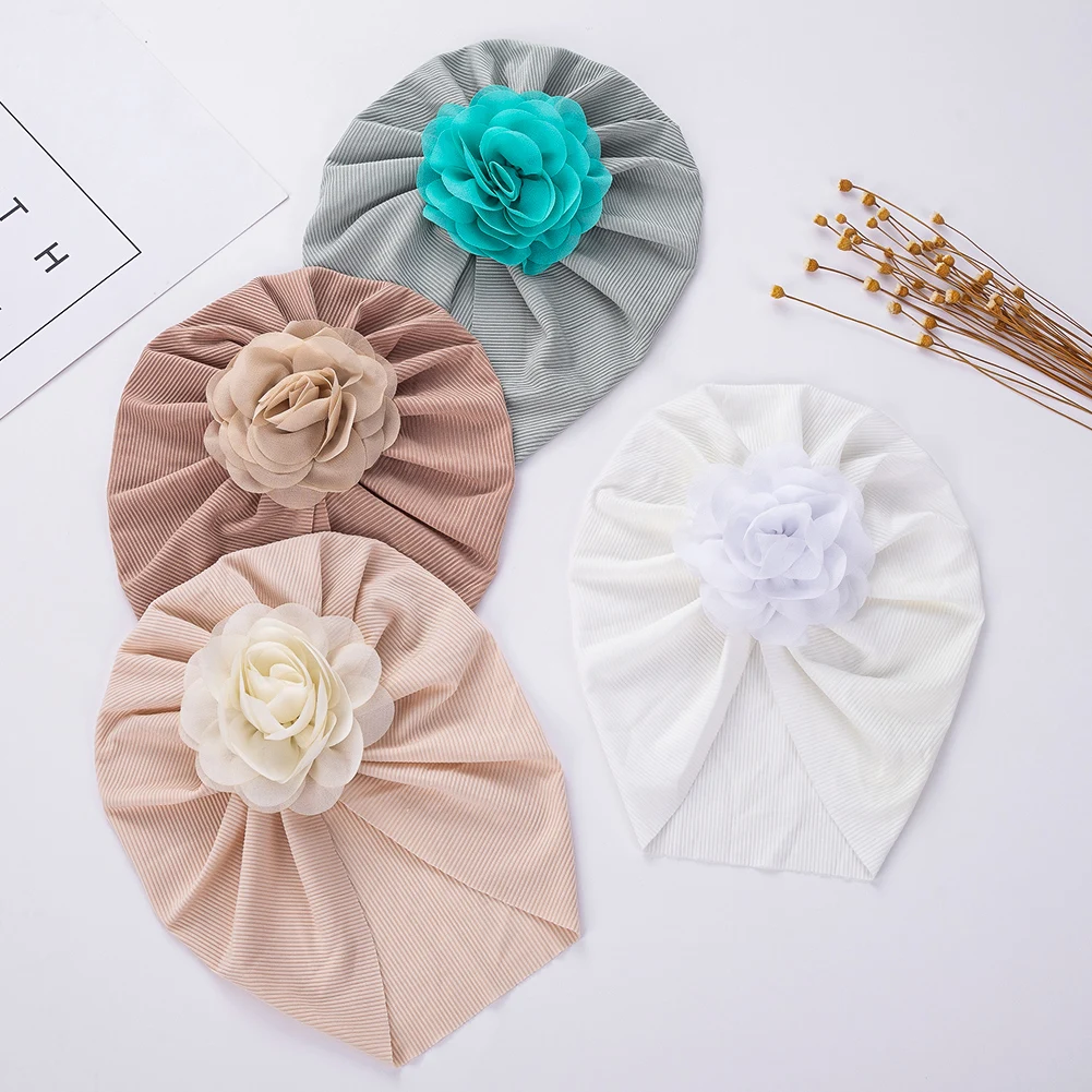 Organza Flower Baby Girls Turban Hats Thin Ribbed Knit Caps Newborn Infant Headwraps Kids Headwear Bohemia Hospital Headdress