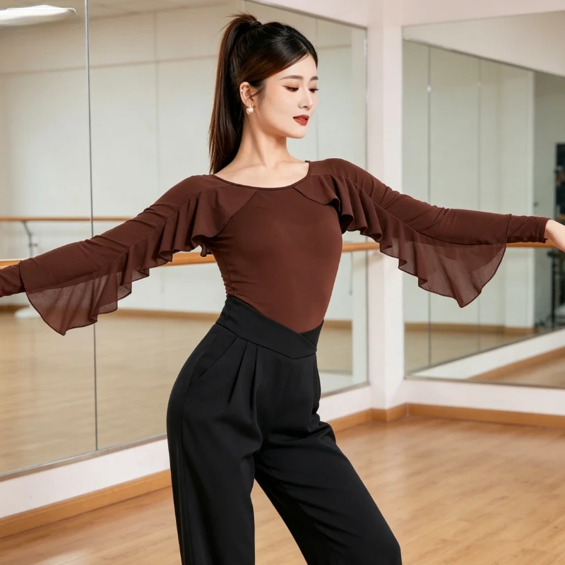 

Elegant Long Sleeve Ruffle Dance Blouse Stylish Waltz Ballroom Apparel Comfortable Breathable Social Dance Top ForWomen Training