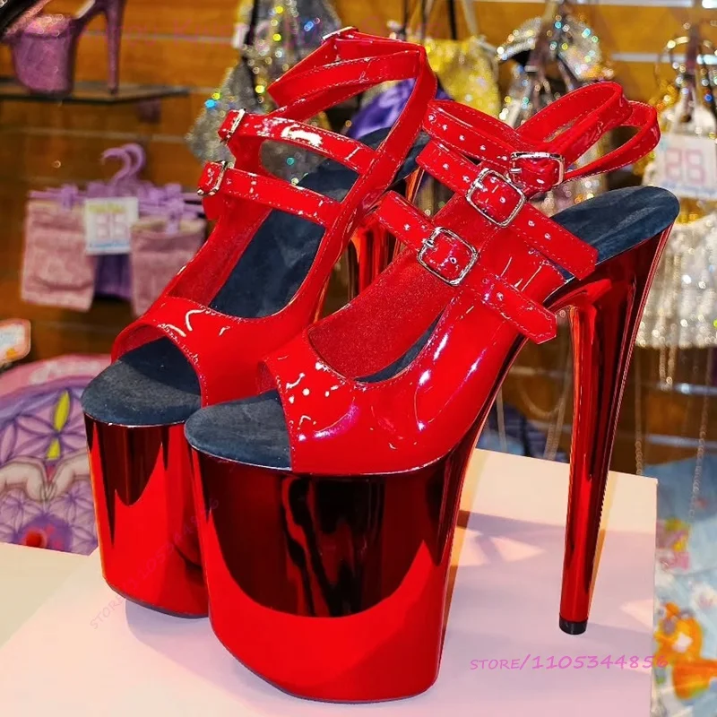 Mirrored Red Metallic Electroplated 20cm Patent 8 Inch Peep Toe Sandals Women Buckle Heels Pole Dancing Platform Stiletto Shoes