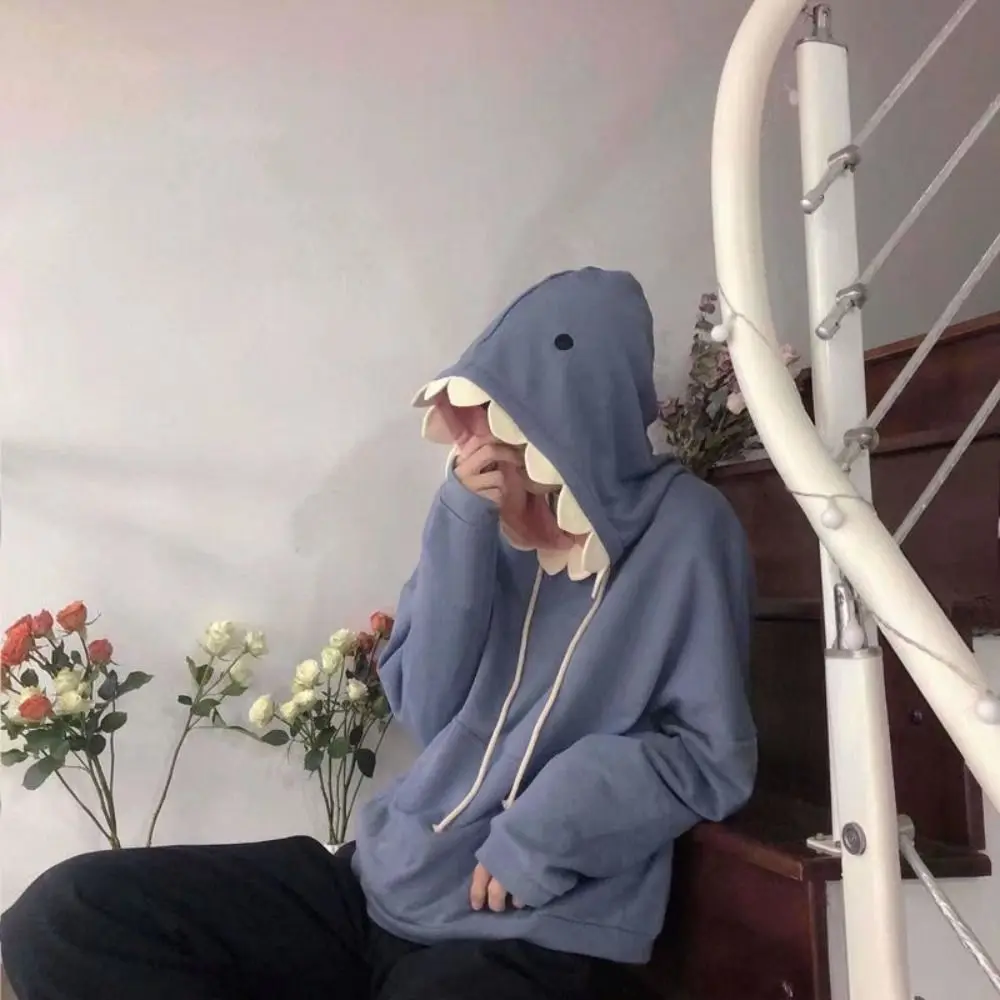 

Funny Design Long Sleeve Fleece Shark Hoodies Pullover Drawstring Hooded Sweatshirts Casual Top Coat Shark Hat Sweater Women Man