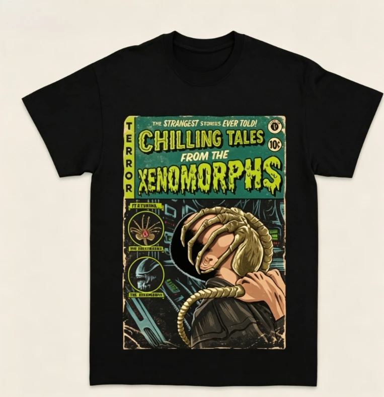 2026 Black Crew Neck T‑shirt Vintage Retro Horror Comic Book Graphic Space Parasite Creature Unisex Cotton Short Sleeve Tee