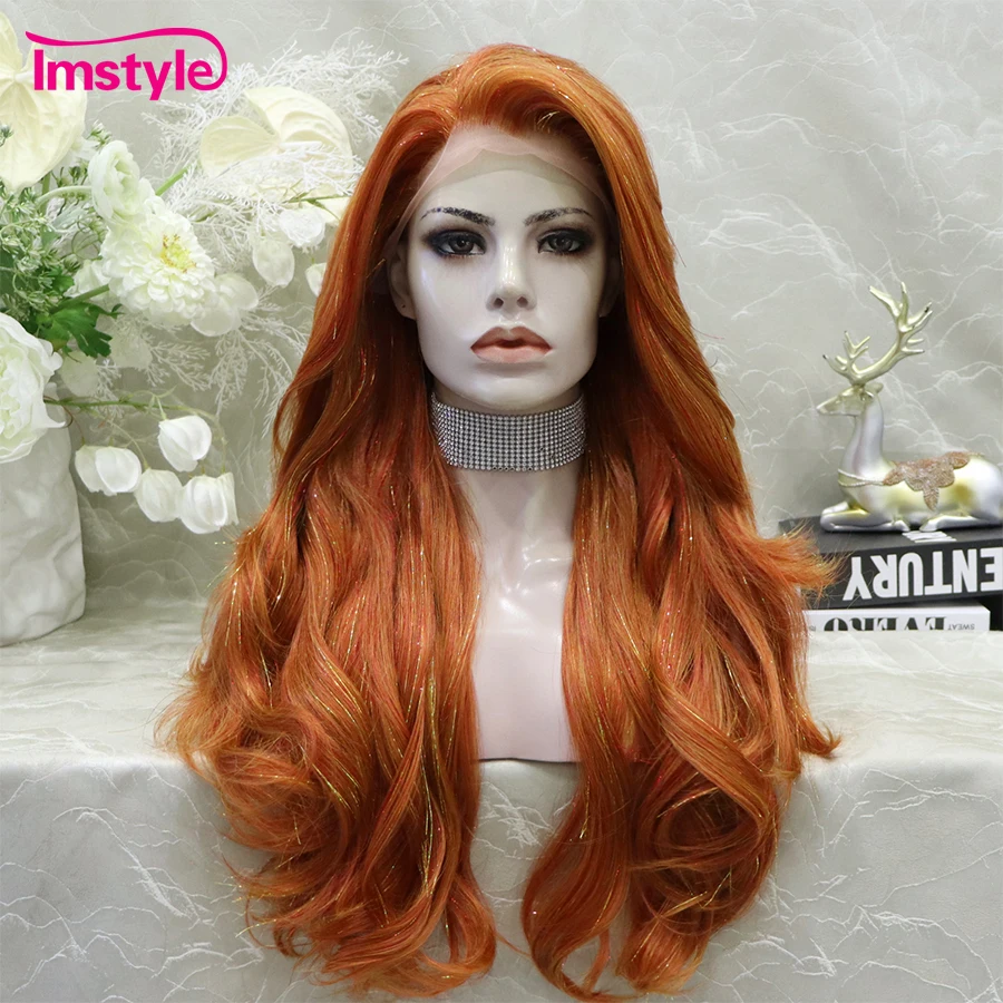 Imstyle Tinsel Wig Synthetic Lace Front Wig Ginger Blonde Wig Red Green Wigs For Party Long Wavy Gorgeous Wig