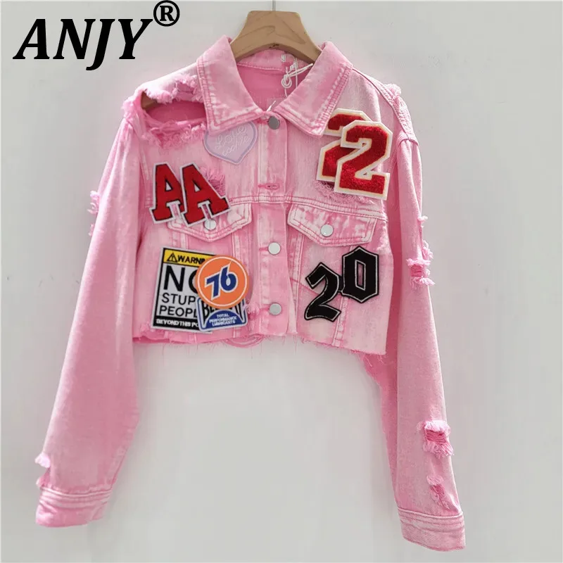 ANJY Spring Autumn New Women Vintage Fashion Design Letter Patch Denim Jacket High Street Stylish Niche Ripped Short Coats A7761