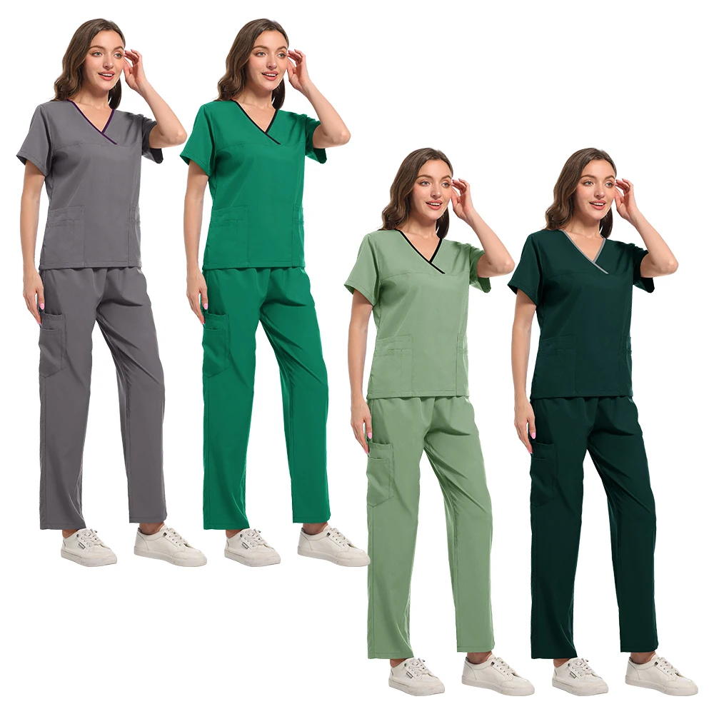 Plus Size Scrubs Set Women Medical Nurse Uniforms Stand Neck V-cut Scrub Top Jogger Pants Vet Doctor Healthcare Workers Workwear