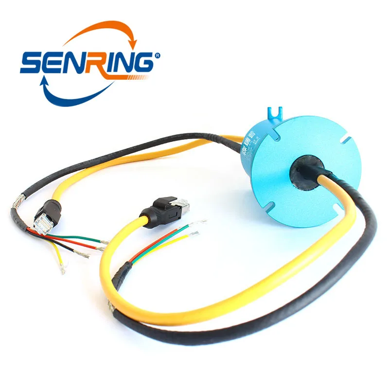 SENRING Solid with flange Ethernet CAT6A Signal Transmit and POWER 4 WIRES 10A slip ring