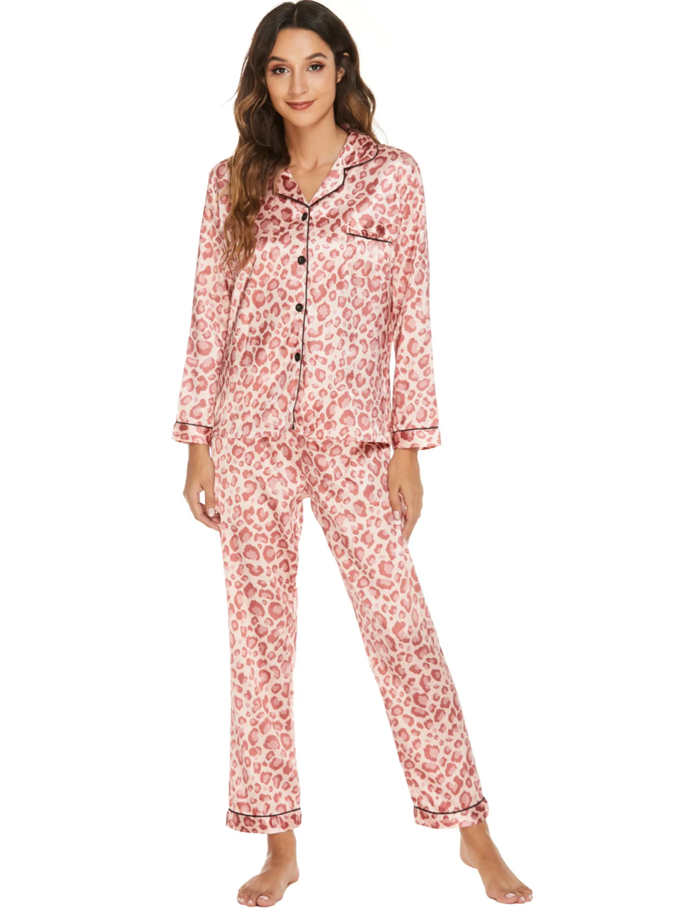 Stretch Satin Leopard Printed Home Pink Striped Comfortable Casual Simple Soft Breathable Long Sleeve Polka Dot Women\'s Pajamas