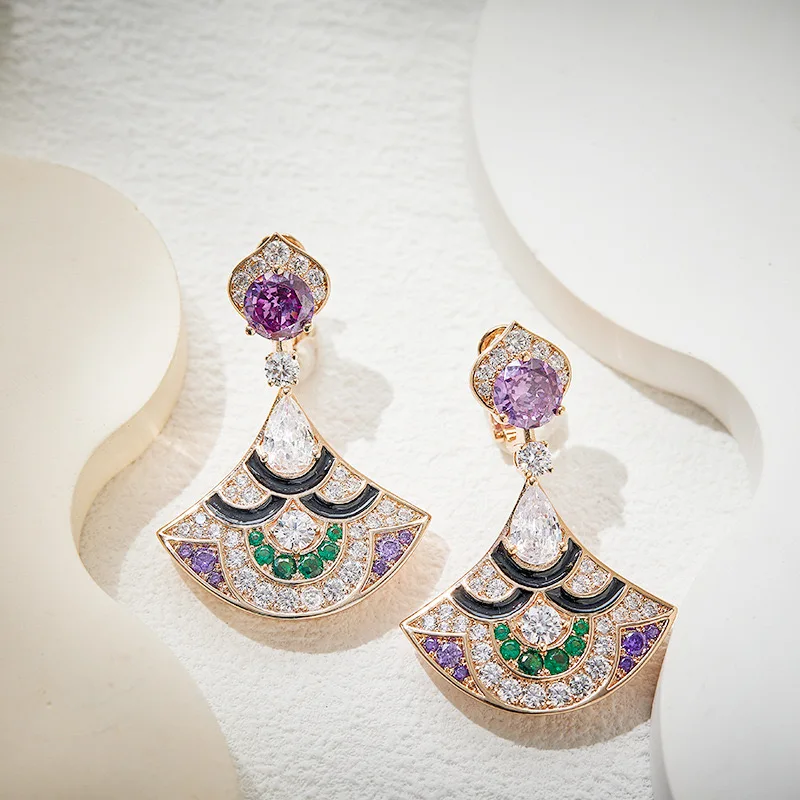 EYER Fashion Fine Jewelry Accessories For Women Lady Inlay AAA Cubic Zirconia Violet Color Fan-shaped Pendant Drop Earrings